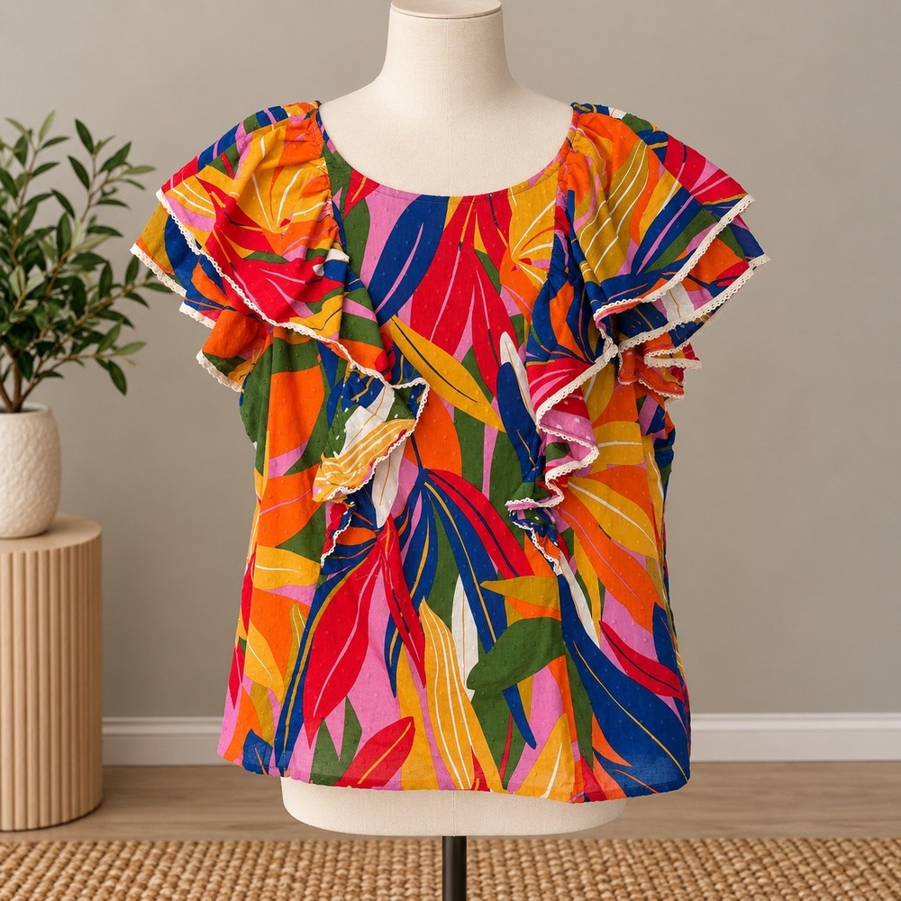 Marc New York Top Multicolor Tropical Leaf Ruffle Boho Coastal Plus Size 2X